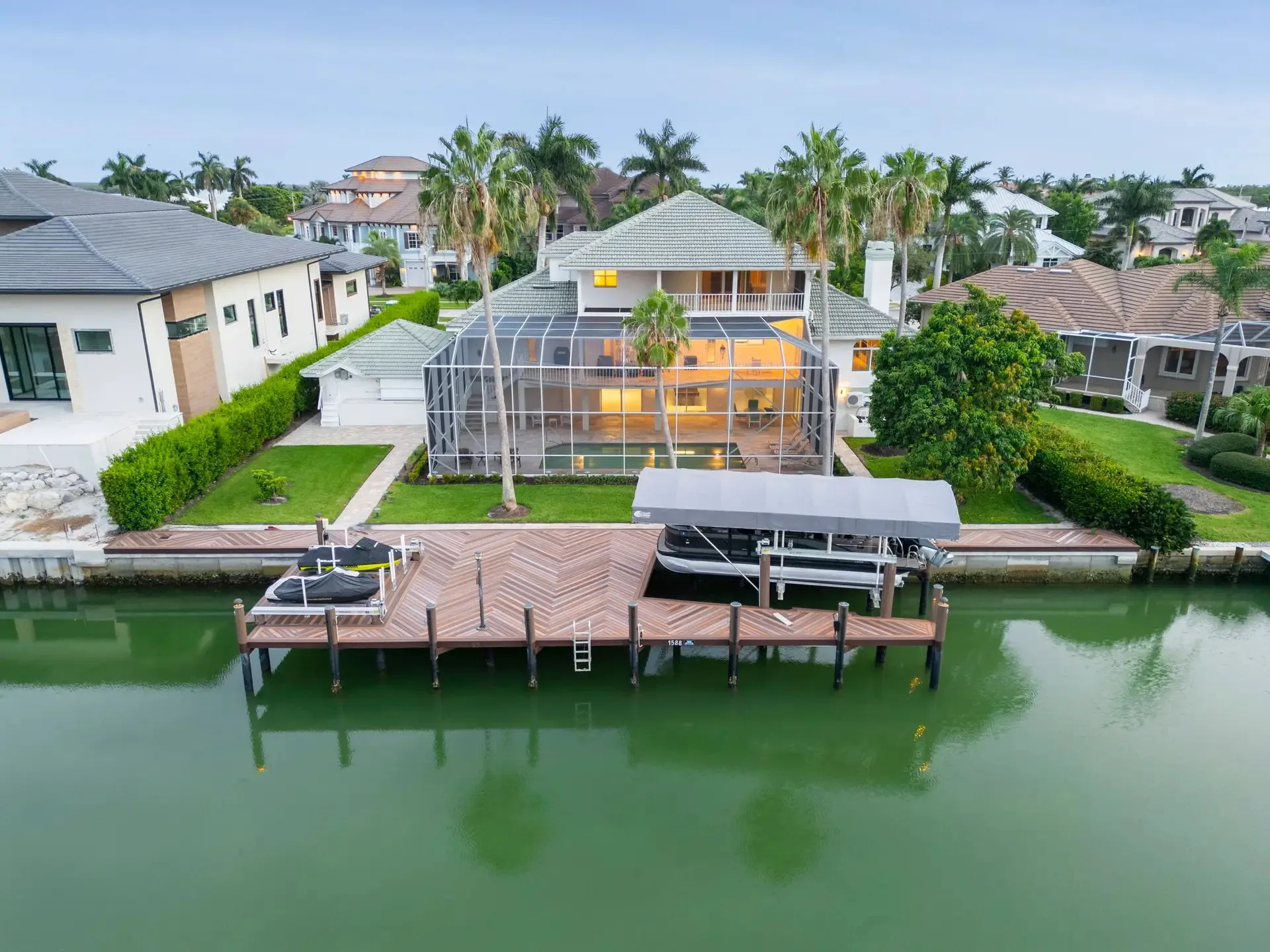 Aerial photo of canal-front homes with boat docks