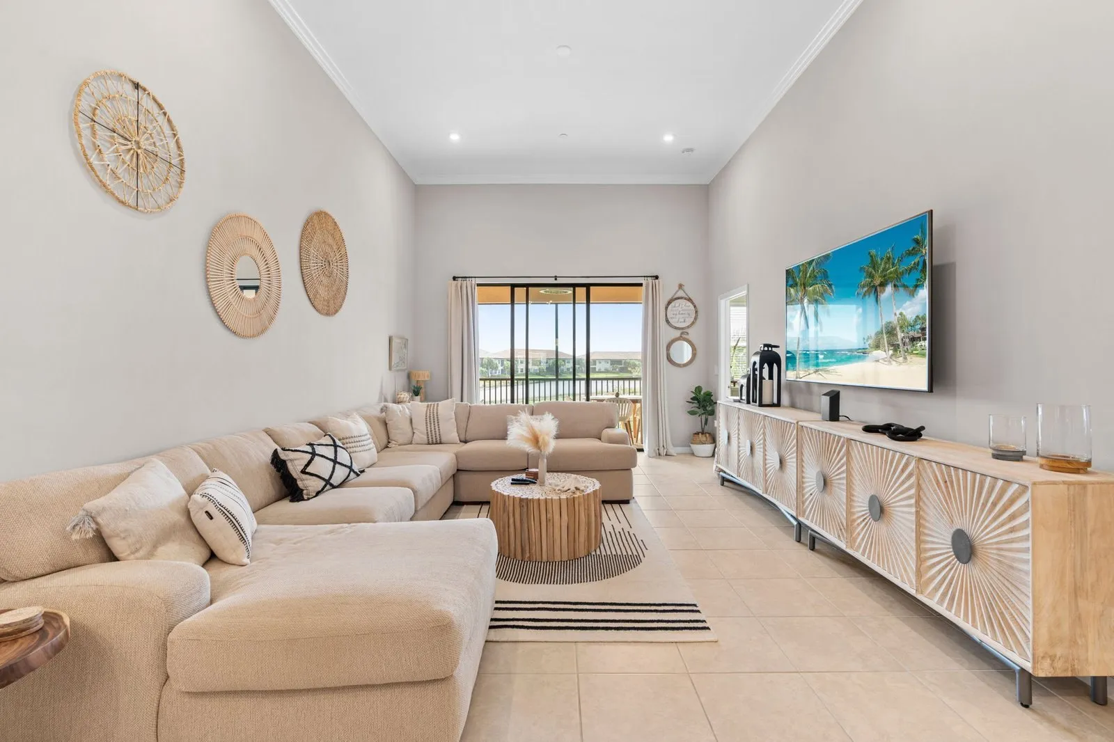 Coastal-style living room with neutral furniture
