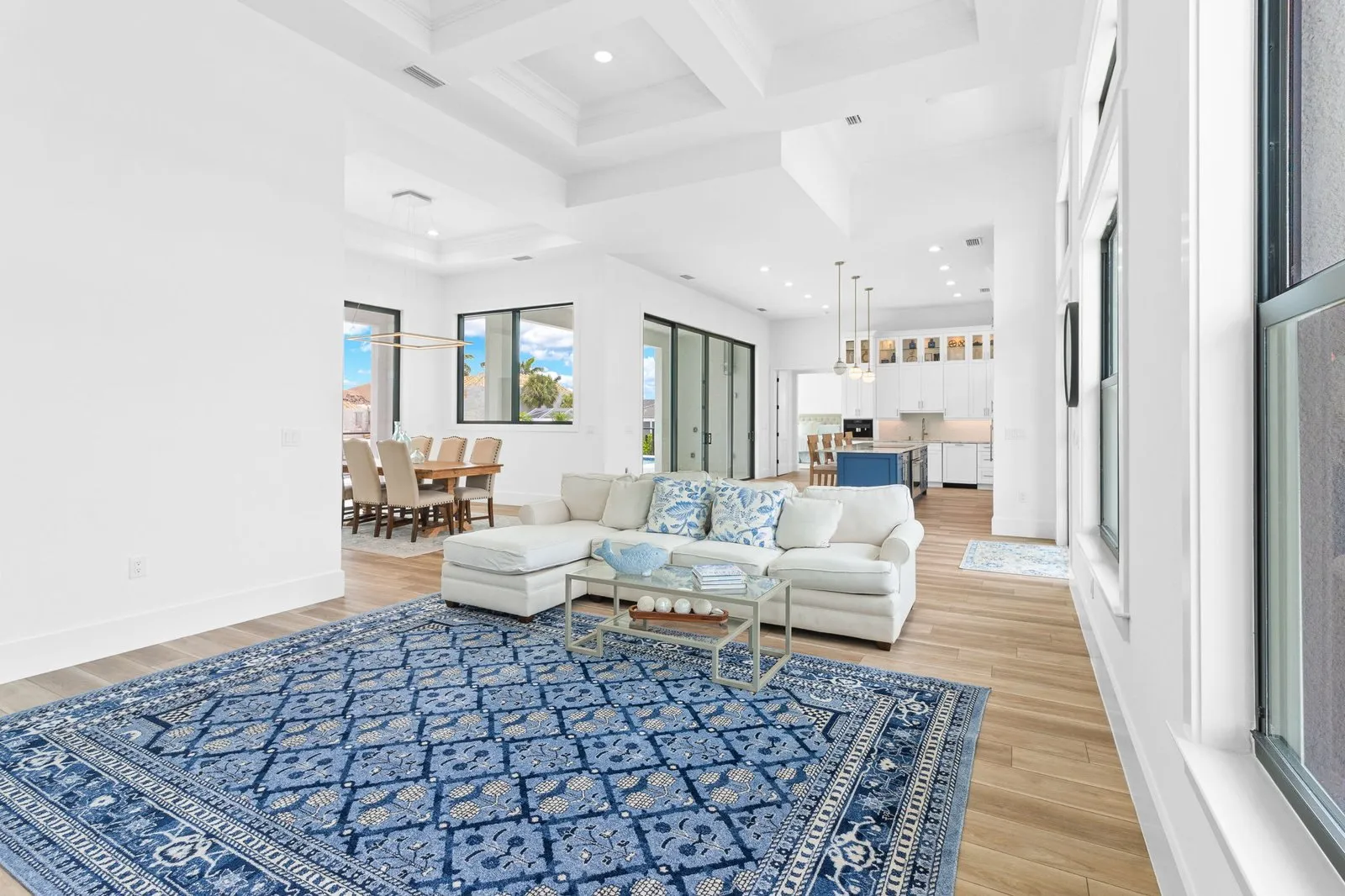 Living room with a blue patterned rug and white furniture
