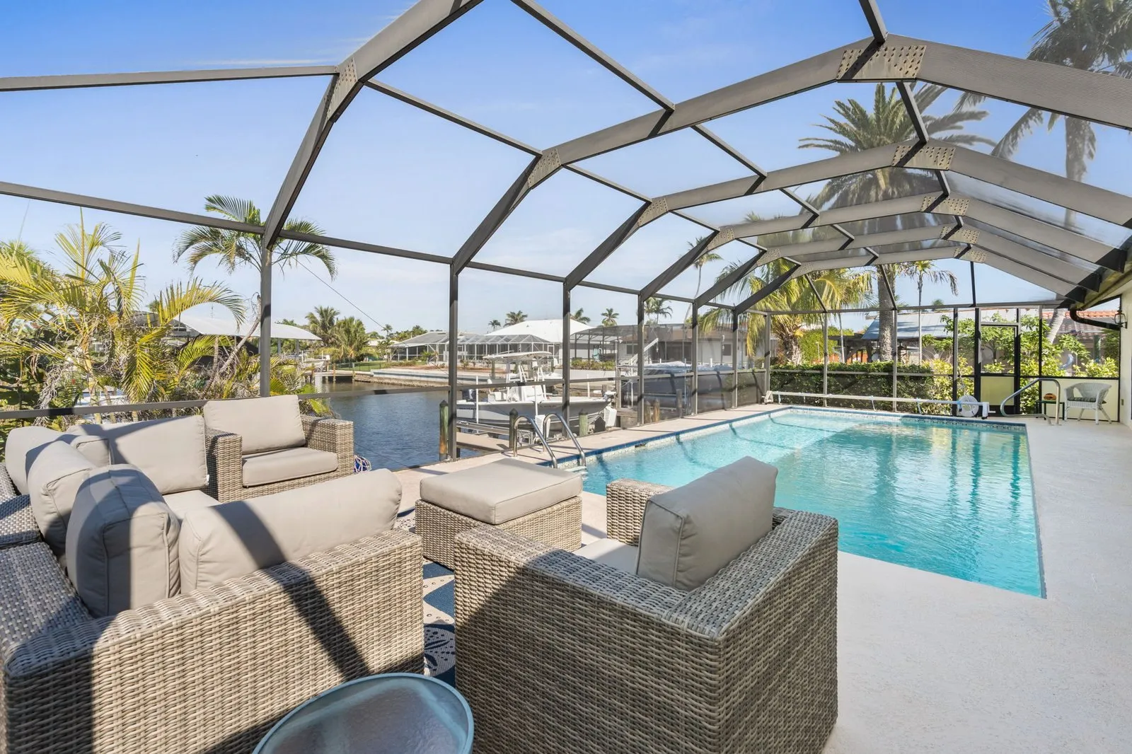 Pool and covered lanai seating under a screened enclosure
